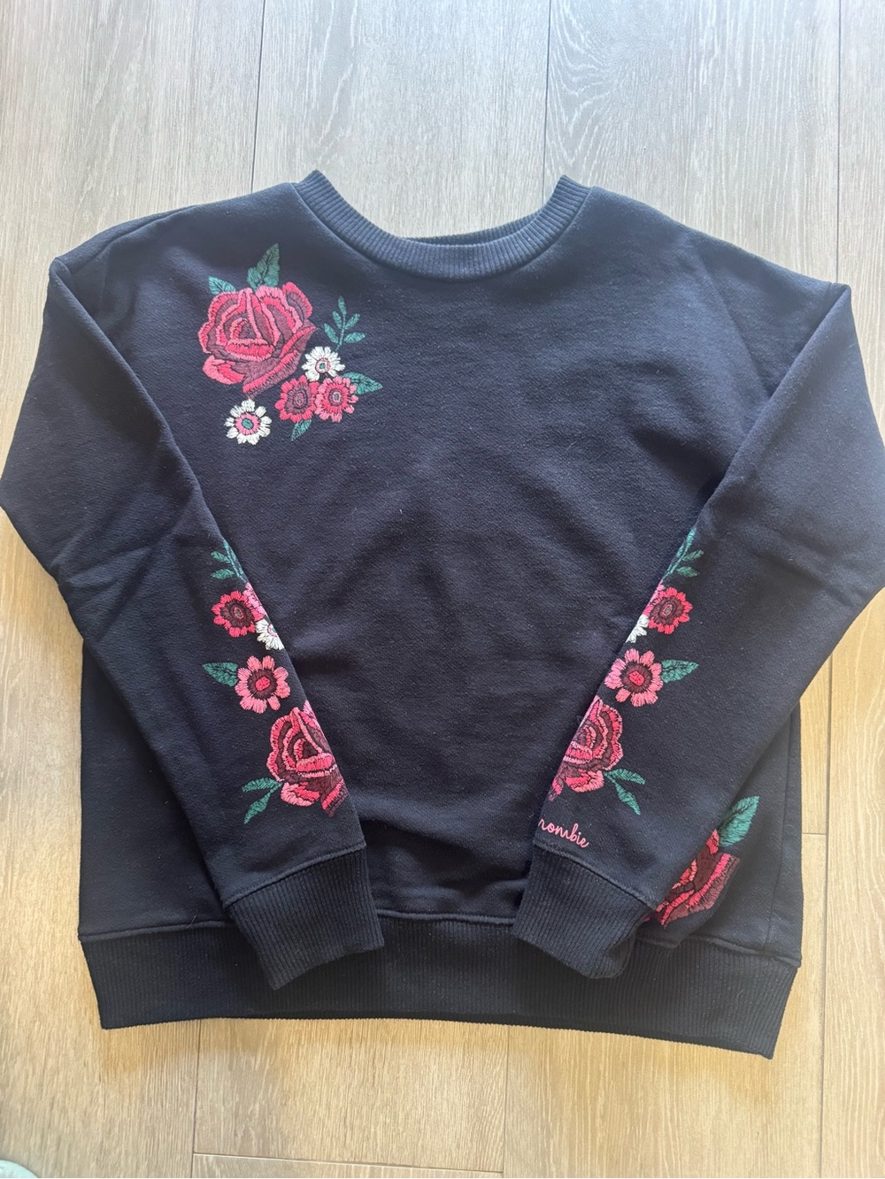 Abercrombie Kids Black Sweatshirt with Pink & Green Floral Embroidery